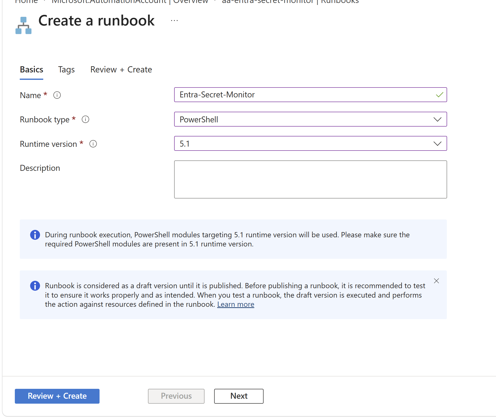 Azure Automation create runbook screen showing a PowerShell 5.1 runbook named Entra-Secret-Monitor